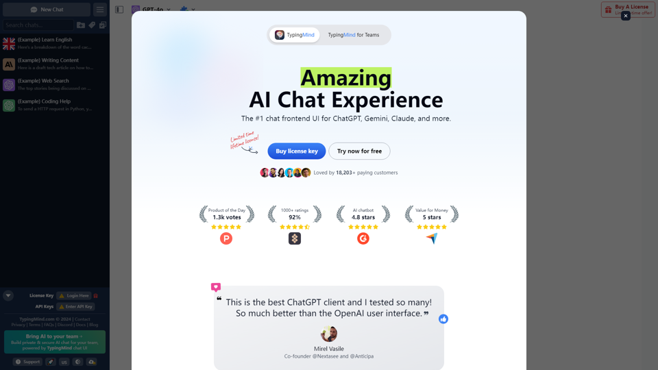 TypingMind — The #1 chat frontend UI for ChatGPT, Gemini, Claude, and more.
