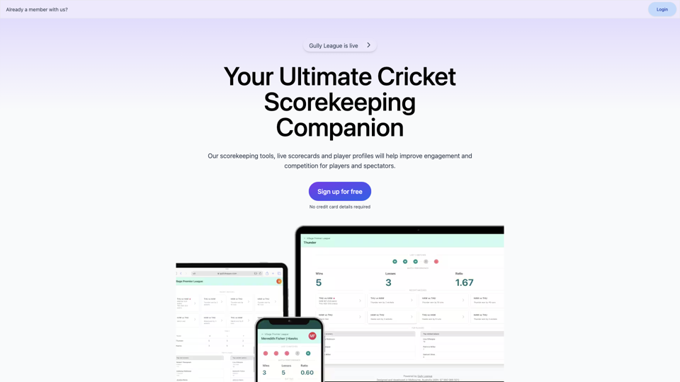 Cricket scorekeeping app with public live scorecards and statistics pages for your cricket matches